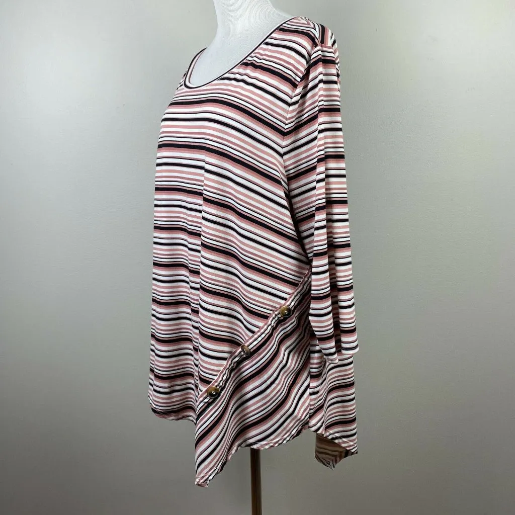 Como Blu Tunic Top Women 2X Stripe Asymmetrical Button Hem 3/4 Sleeve Multicolor Pink - Image 2