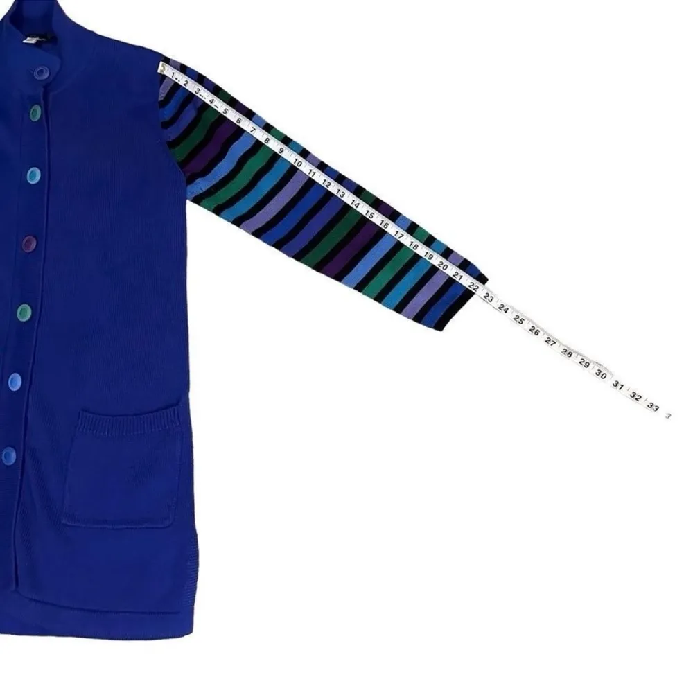 Bob Mackie Wearable Art Blue & Multicolor Stripe Sleeve Button Up Cardigan Small - Image 9
