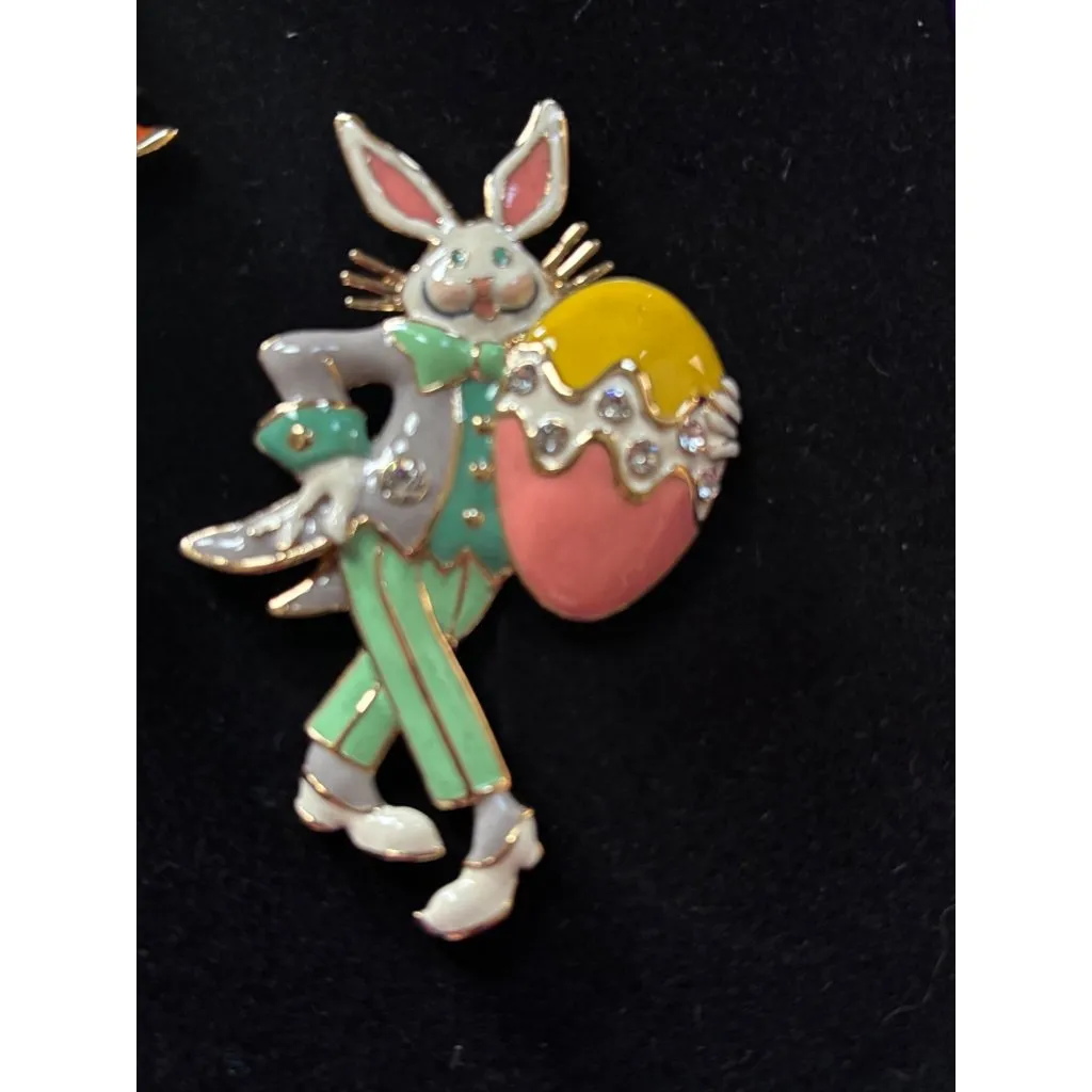 Bob Mackie Vintage Enamel Leprechaun & Easter Bunny Brooch Set With Rhinestone A - Image 2