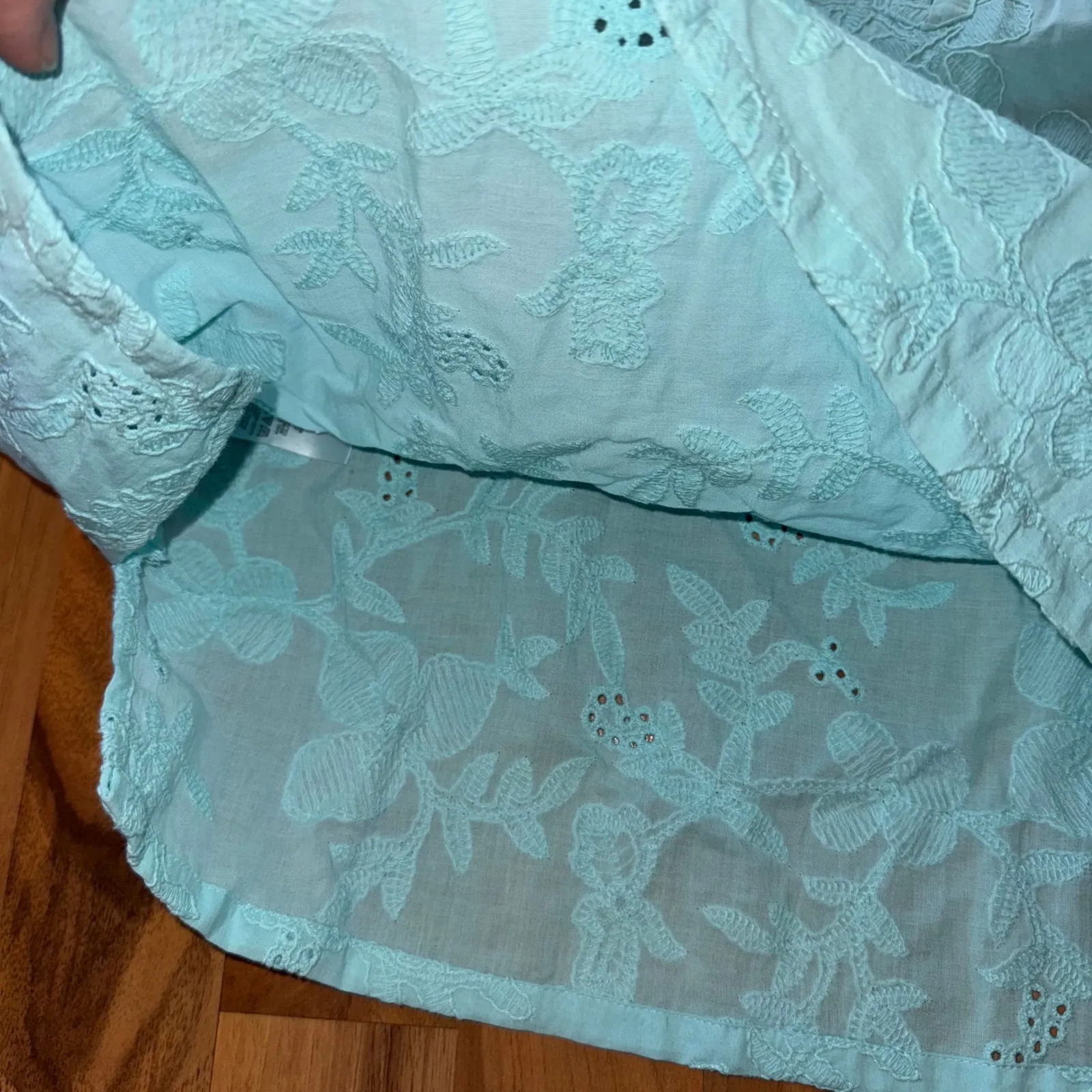 Loft Womens Blouse Top Floral Eyelet 3/4 Sleeve Button Up Light Blue light vacay - Image 3