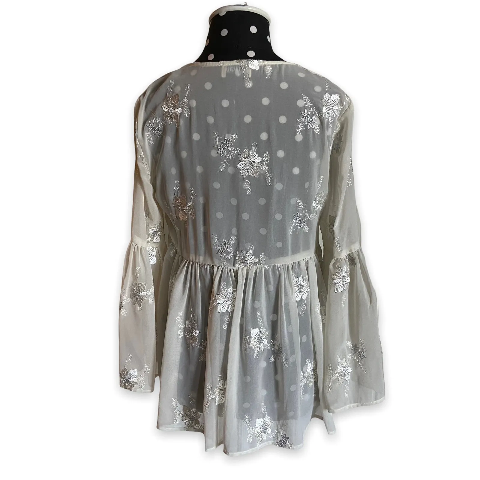 Show‎ Me Your Mumu Womens Top XS Cream Floral Embroidered Poet Tie Blouse Sheer - Image 4