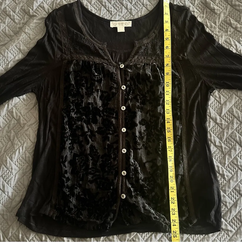 American Vintage Black Cotton Velvet Lace Trim Blouse Large - Image 8