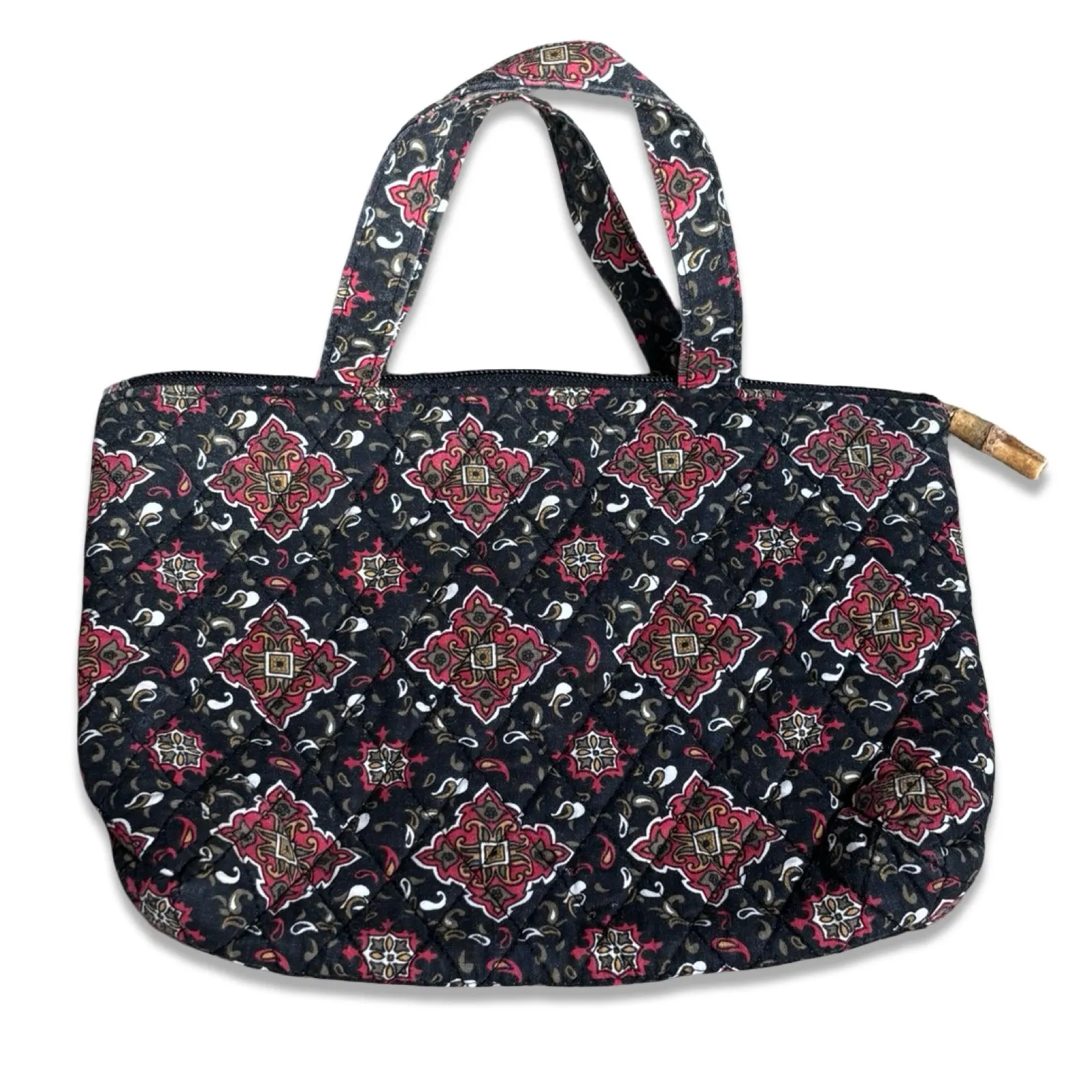 Quilted Cotton Mini Tote Bag Black Red Medallion Print Zip Top Carryall Boho - Image 1