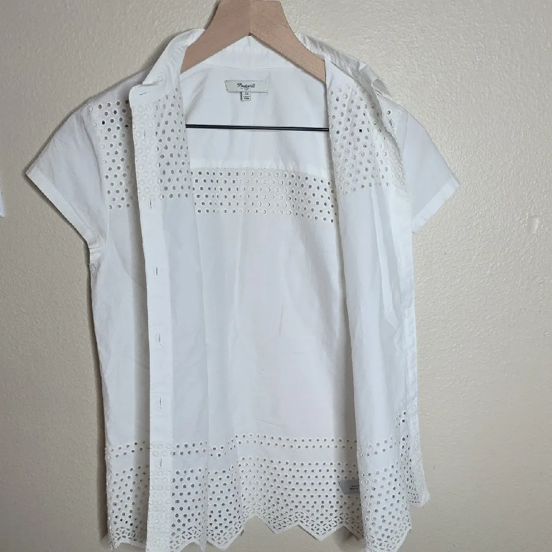 Madewell Button Down Cotton Shirt Eyelet Scalloped Hem Short Sleeve White XS - Image 7