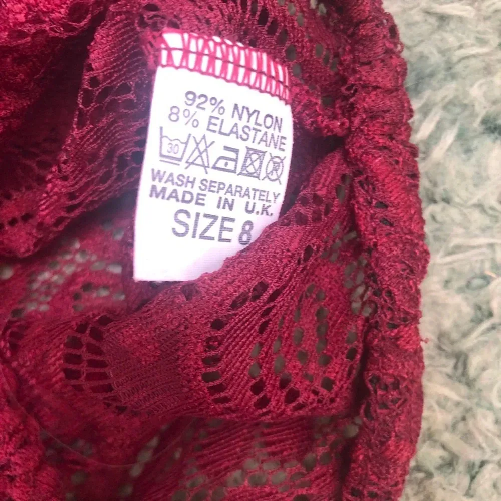 NWT PRETTY LITTLE THING LUCILLE BURGUNDY SHEER CROSSBACK LACE BODY SUIT - Image 5