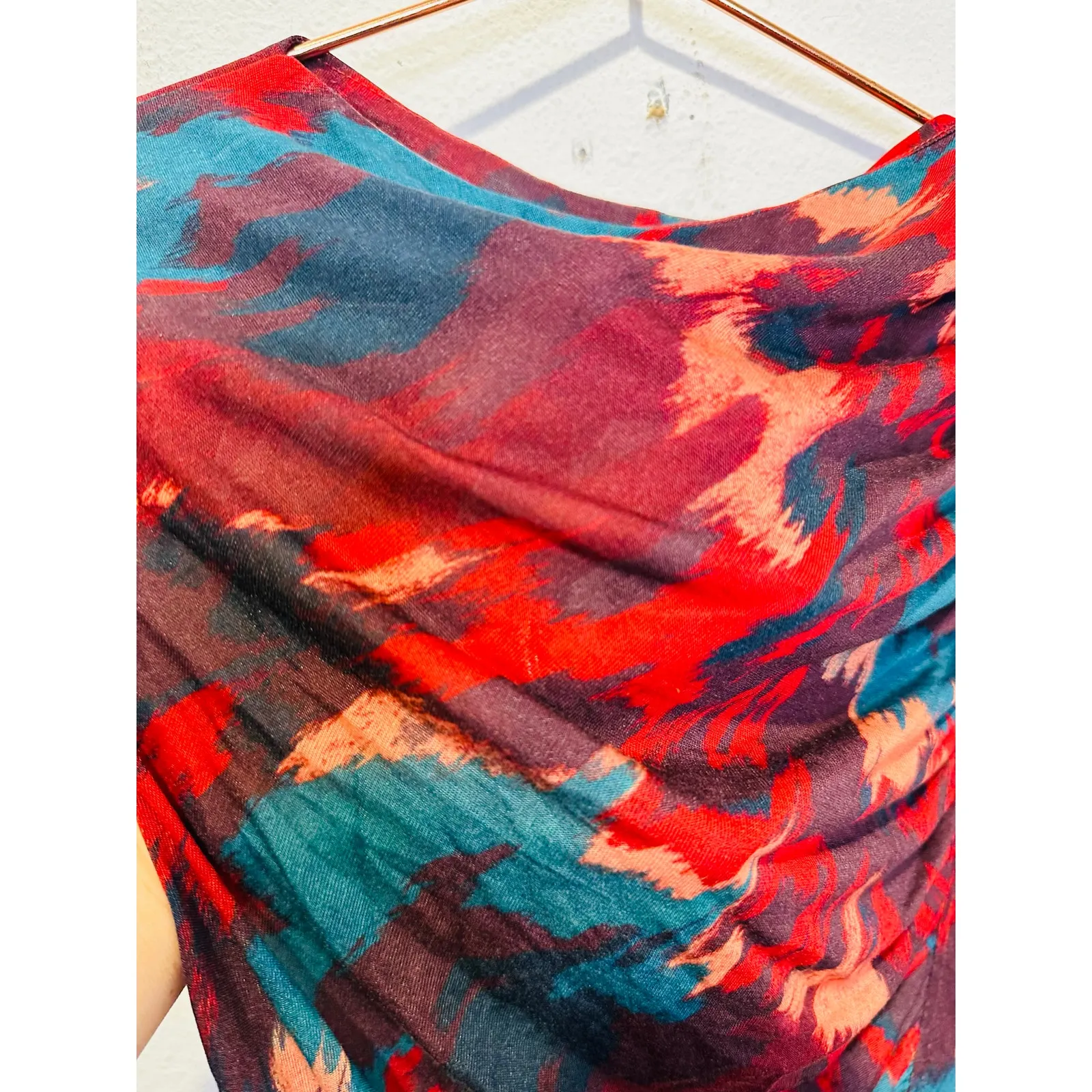 ULLA JOHNSON Red Green Abstract Boat Neck Side Ruched Livia Dress size Medium - Image 6