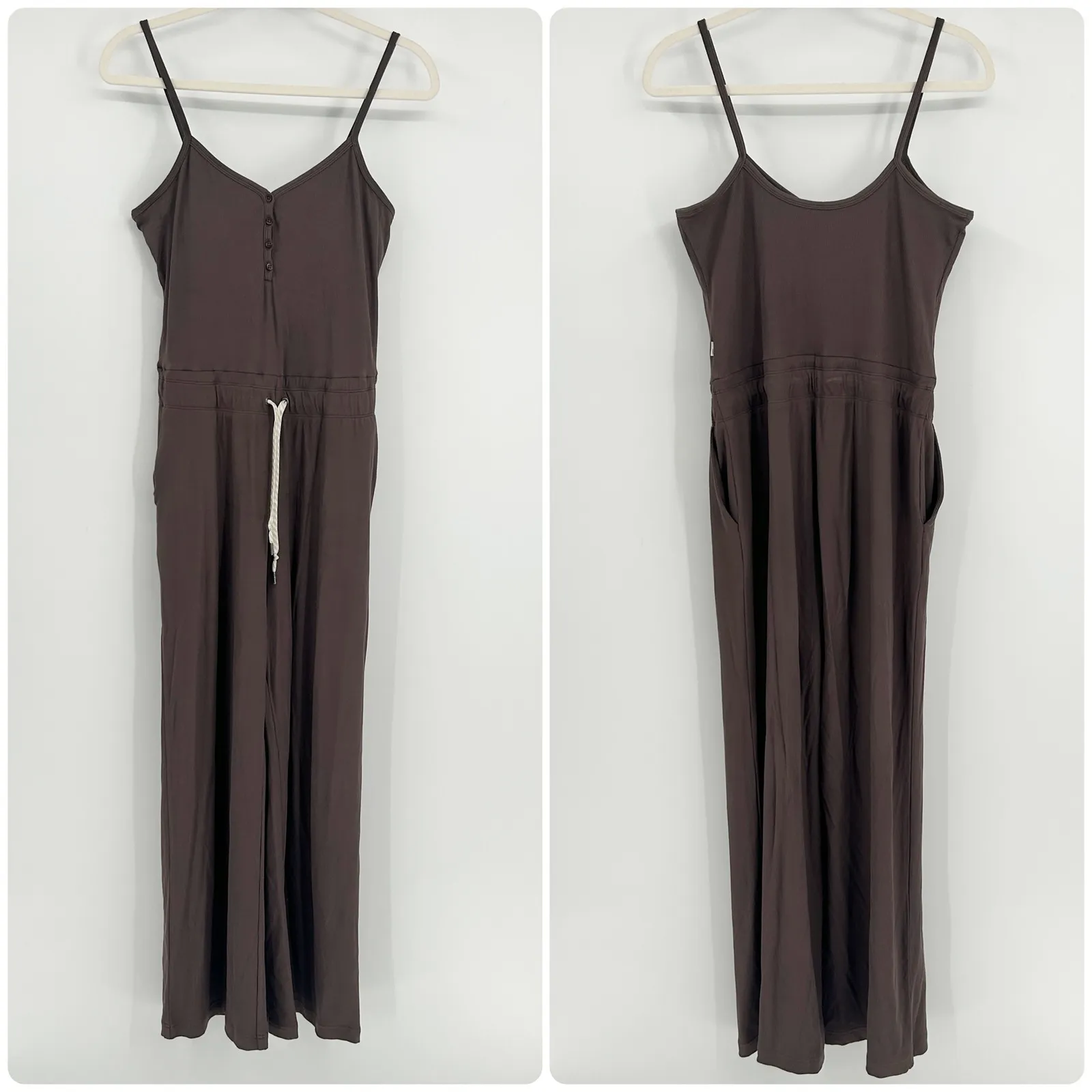 Vuori Womens Ribbed Knit Pose Henley Athleisure Jumpsuit Size M Chocolate Brown - Image 3
