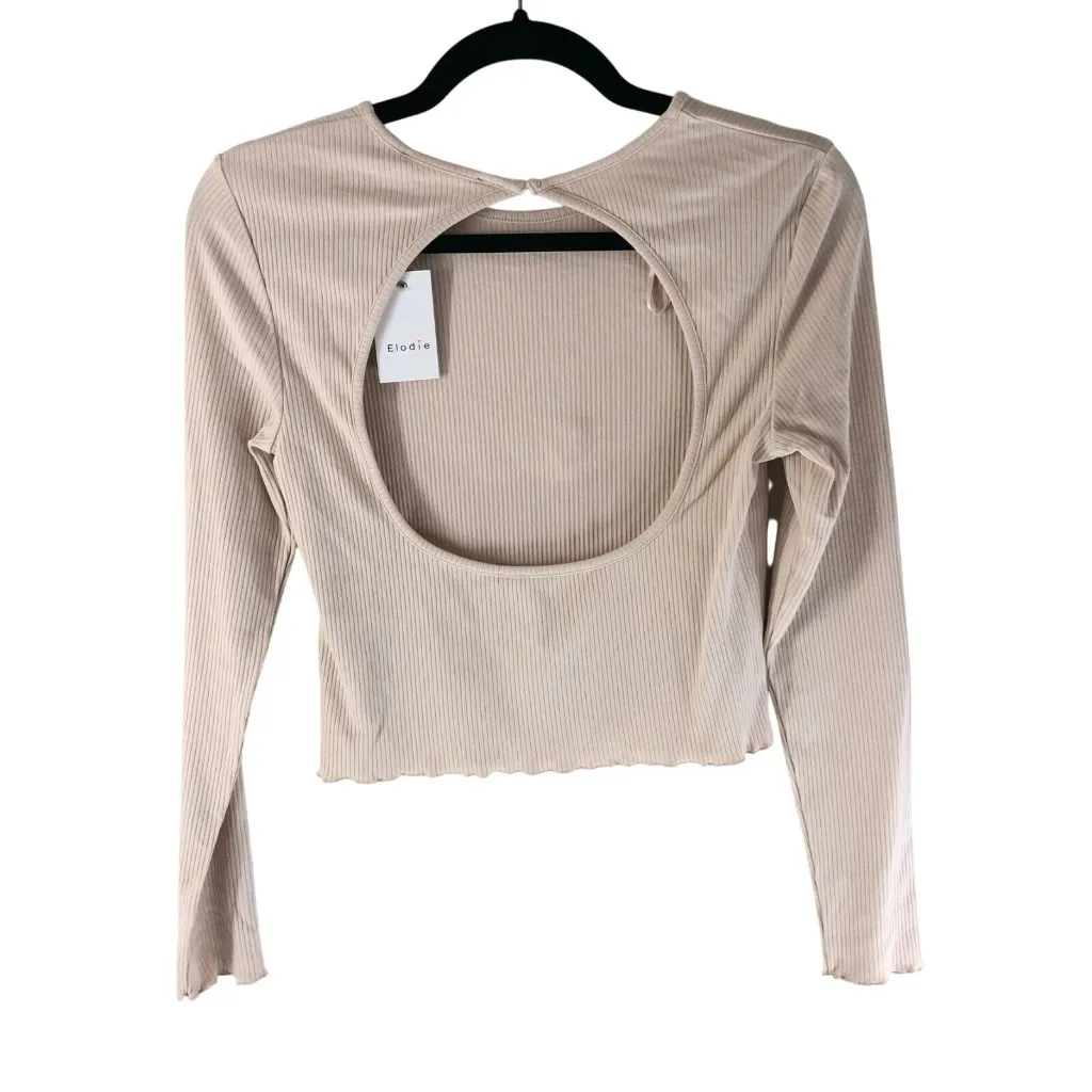Elodie Womens Crop Top Ribbed Long Sleeve Open Back Stretch Blush Pink Size XL - Image 2