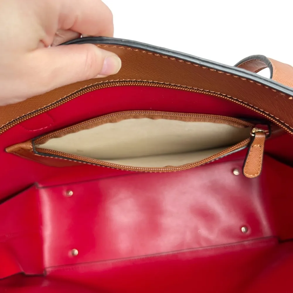 Faux Leather Brown Double Handle Red Lined Tote Bag Purse - Image 10