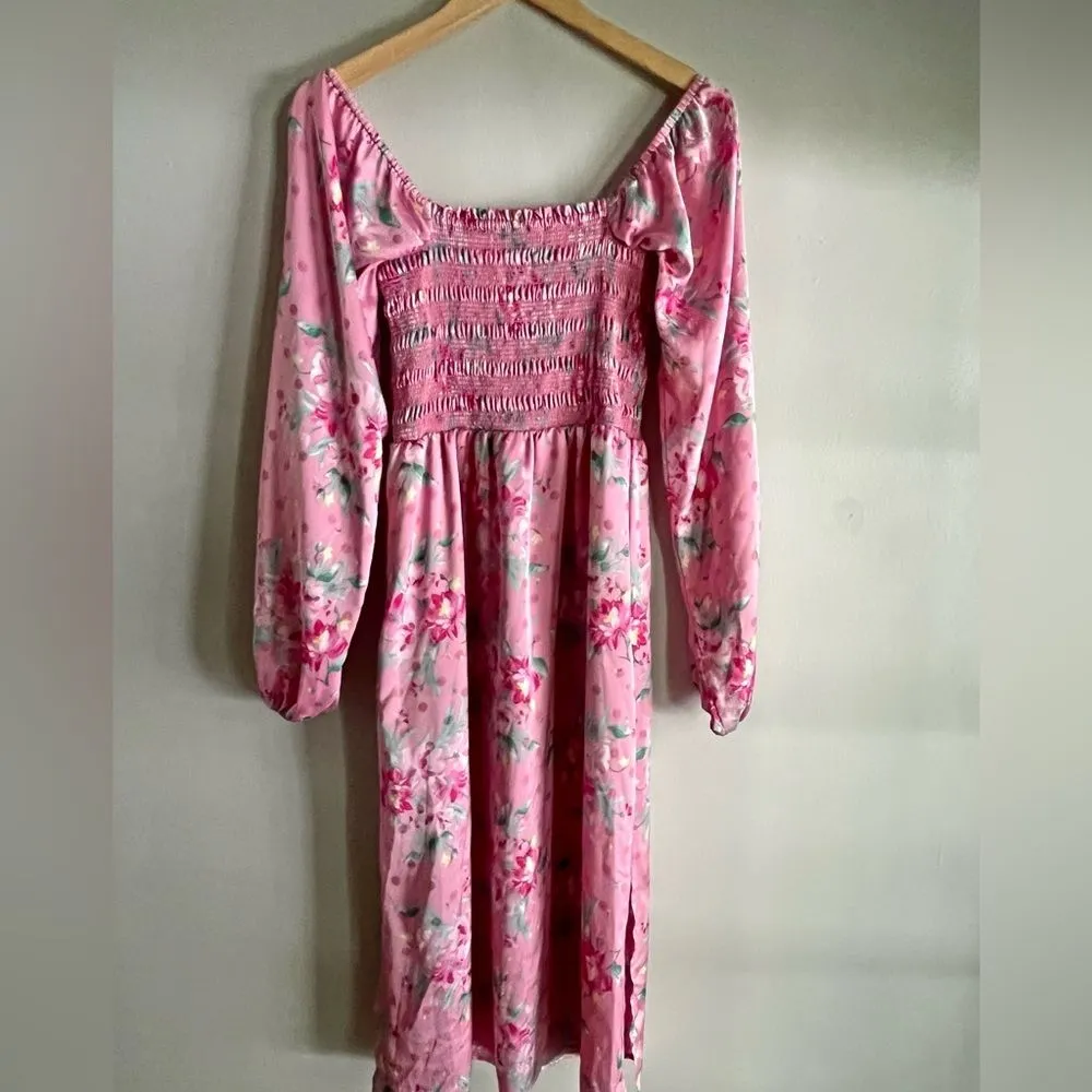 WAYF Smocked Pink Floral Polka Dot Babydoll Dress - Cottagecore Puff Sleeve Midi - Image 9