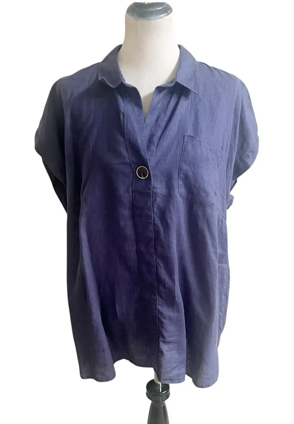 Ellen Tracy Popover Linen Tunic Size XL Indigo Short Sleeve Collared Beachy - Image 1