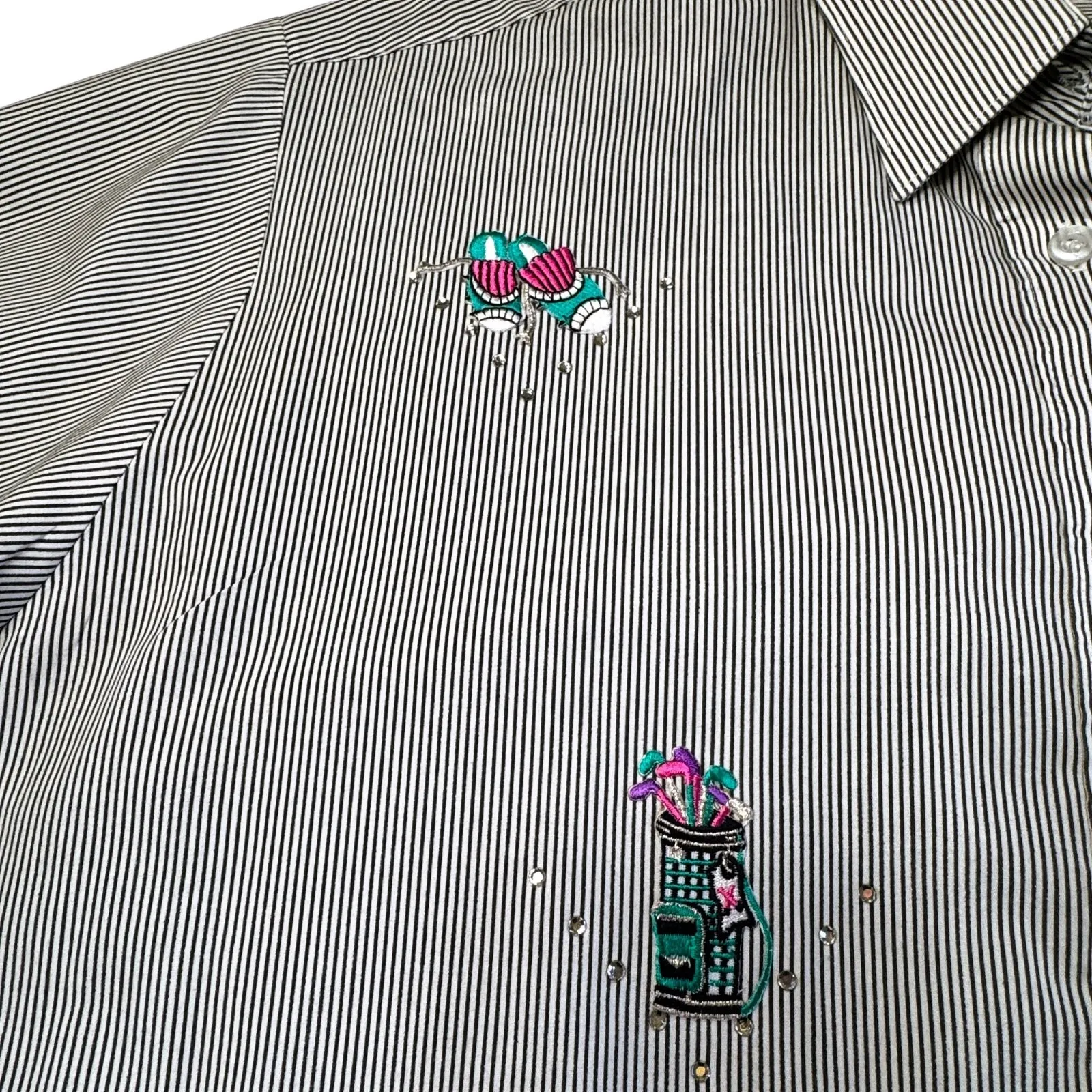Infinity Fashions Stripe Button Up Shirt Women Large Embroidered Golf Bling VTG Blue - Image 15