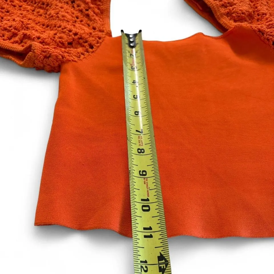 Alice + Olivia Women's Size Small Caley Crochet Puff Sleeve‎ Orange Cropped Top - Image 6