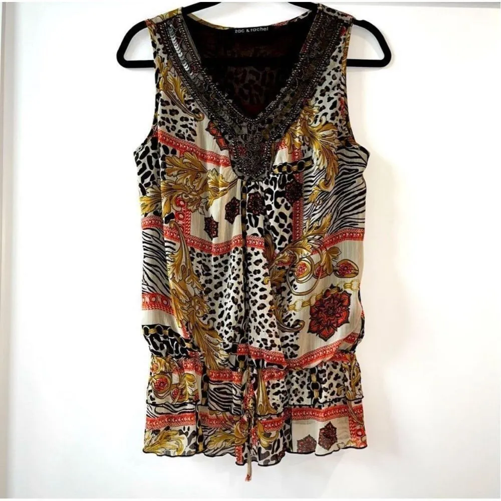 Zac & Rachel Abstract Animal Print Beaded Neck Blouse Sz S Women’s Brown - Image 9