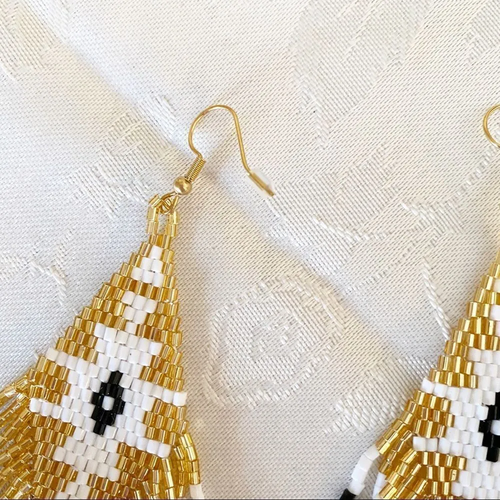 Handmade Miyuki Beaded Fringe Boho Earrings Gold - Image 6