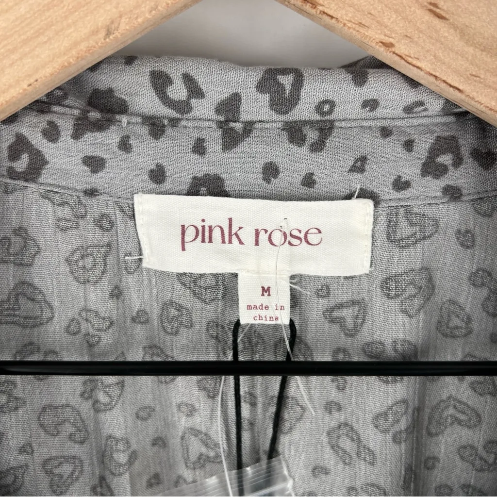 Pink Rose Gray Leopard Print‎ Button-Up Top Roll-Tab Sleeve Gauzy Lightweight M - Image 2