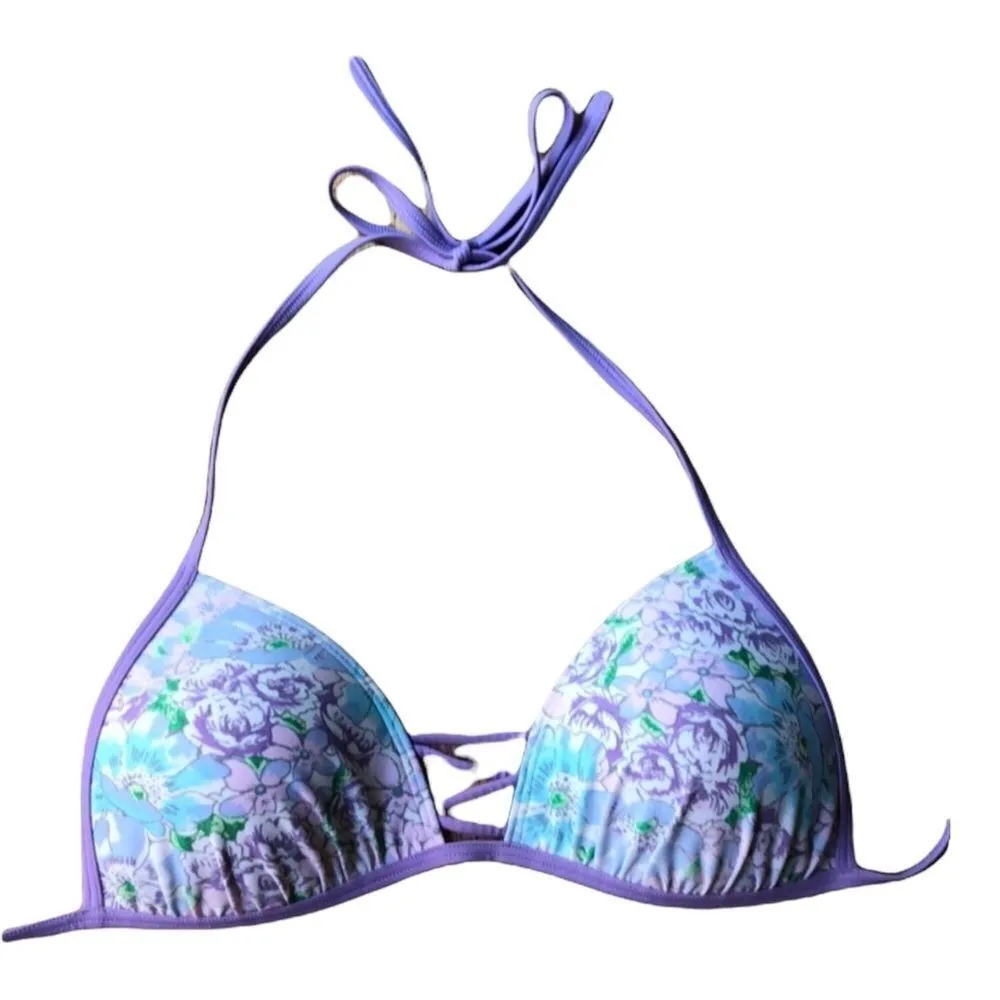 Aerie Swim Floral Perky Triangle Bathing Suit Top M Periwinkle Green Pink - Image 9