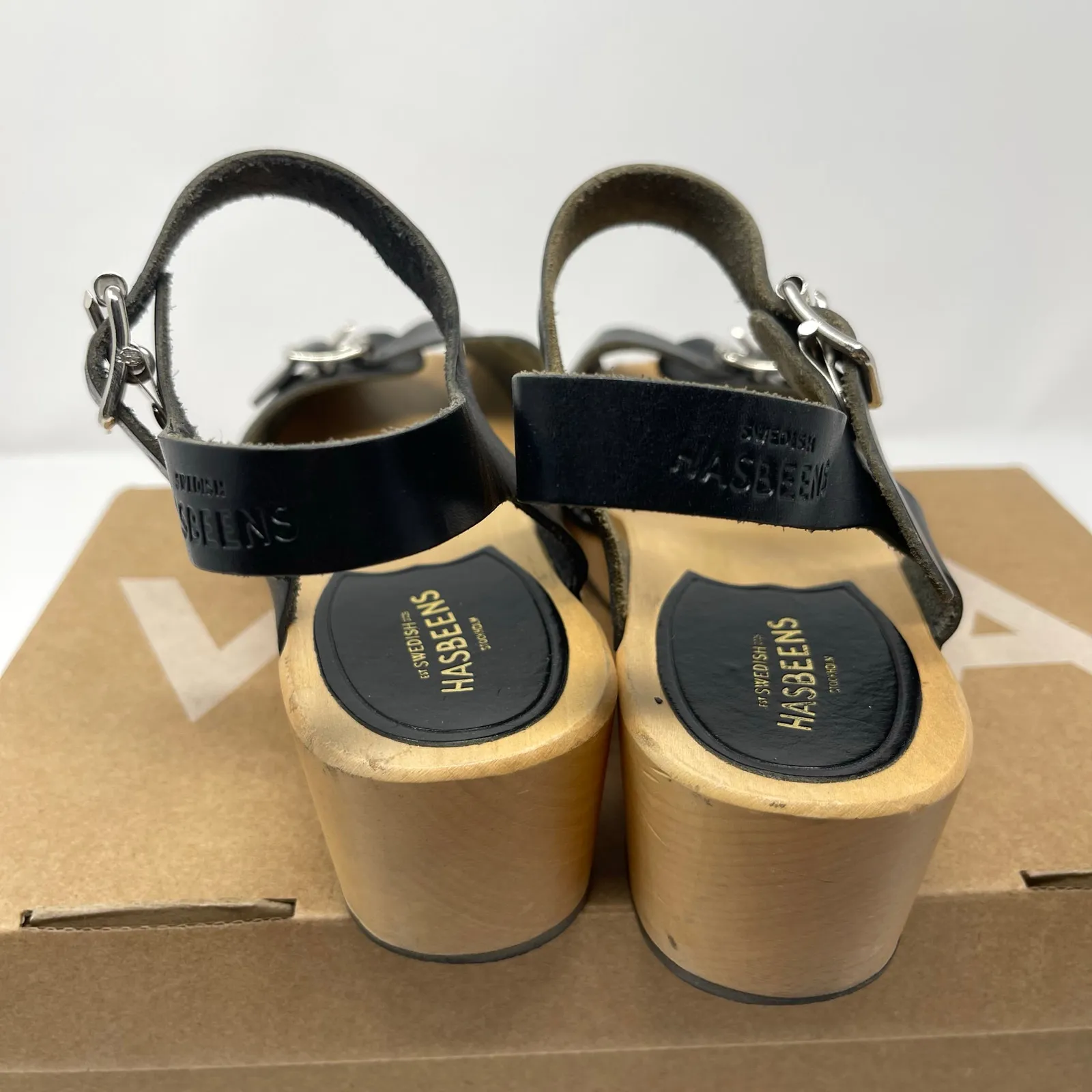 Swedish Hasbeens Black Peep Toe Sandal Clogs (Size 38) - Image 7