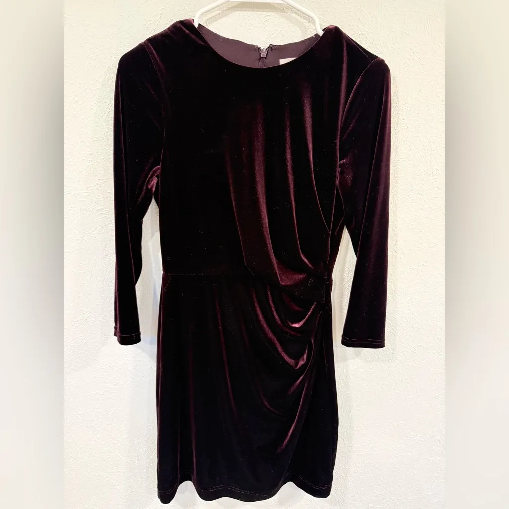 Eliza J Burgundy Plum Velvet Ruched Sheath Dress Long Sleeve Size 4 EUC - Image 2