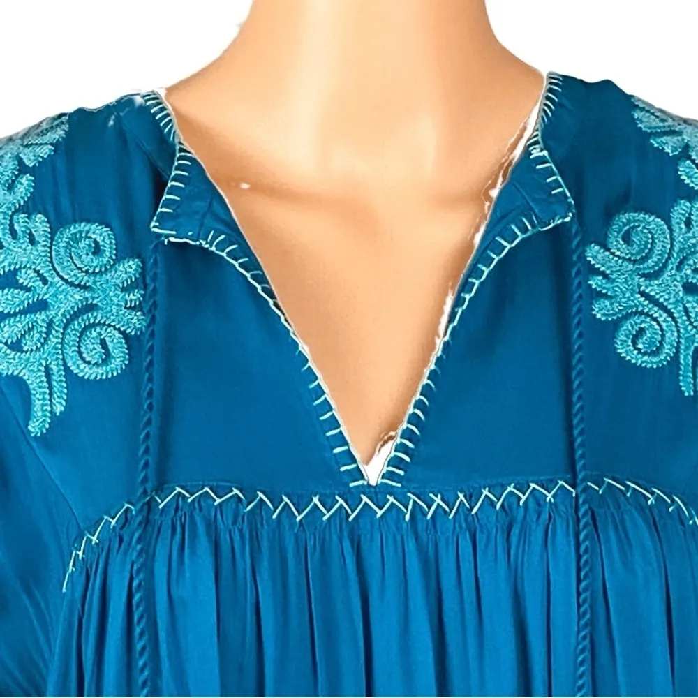 SUNDANCE “Bright Pathway” teal, embroidered, shift dress w/POCKETS. Size XS. EUC - Image 2
