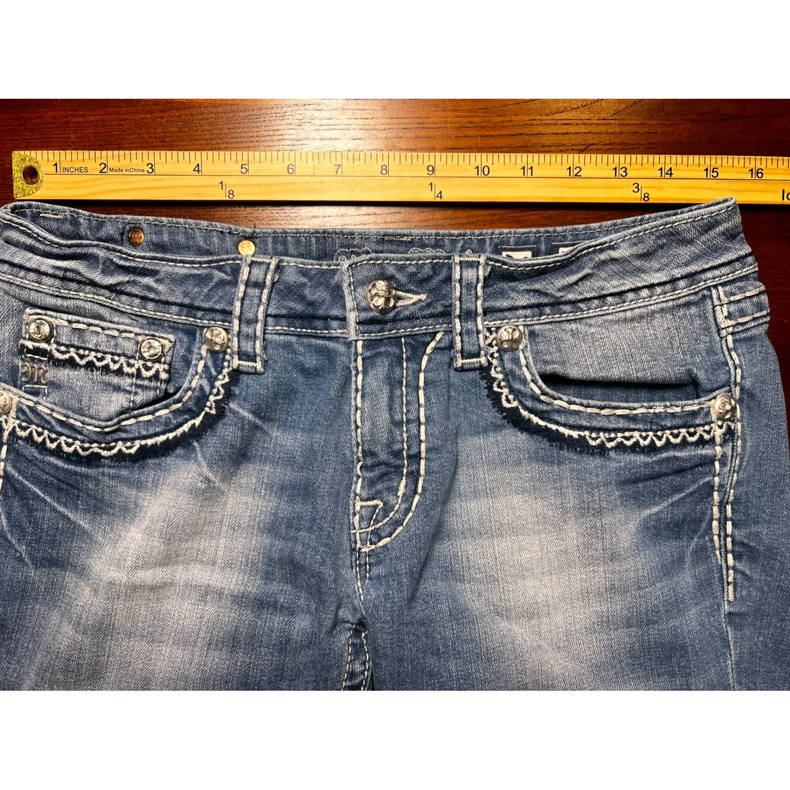 Miss Me Bermuda Denim Shorts Embellished Flap Pockets Light Wash Size 30 Y2K‎ - Image 8