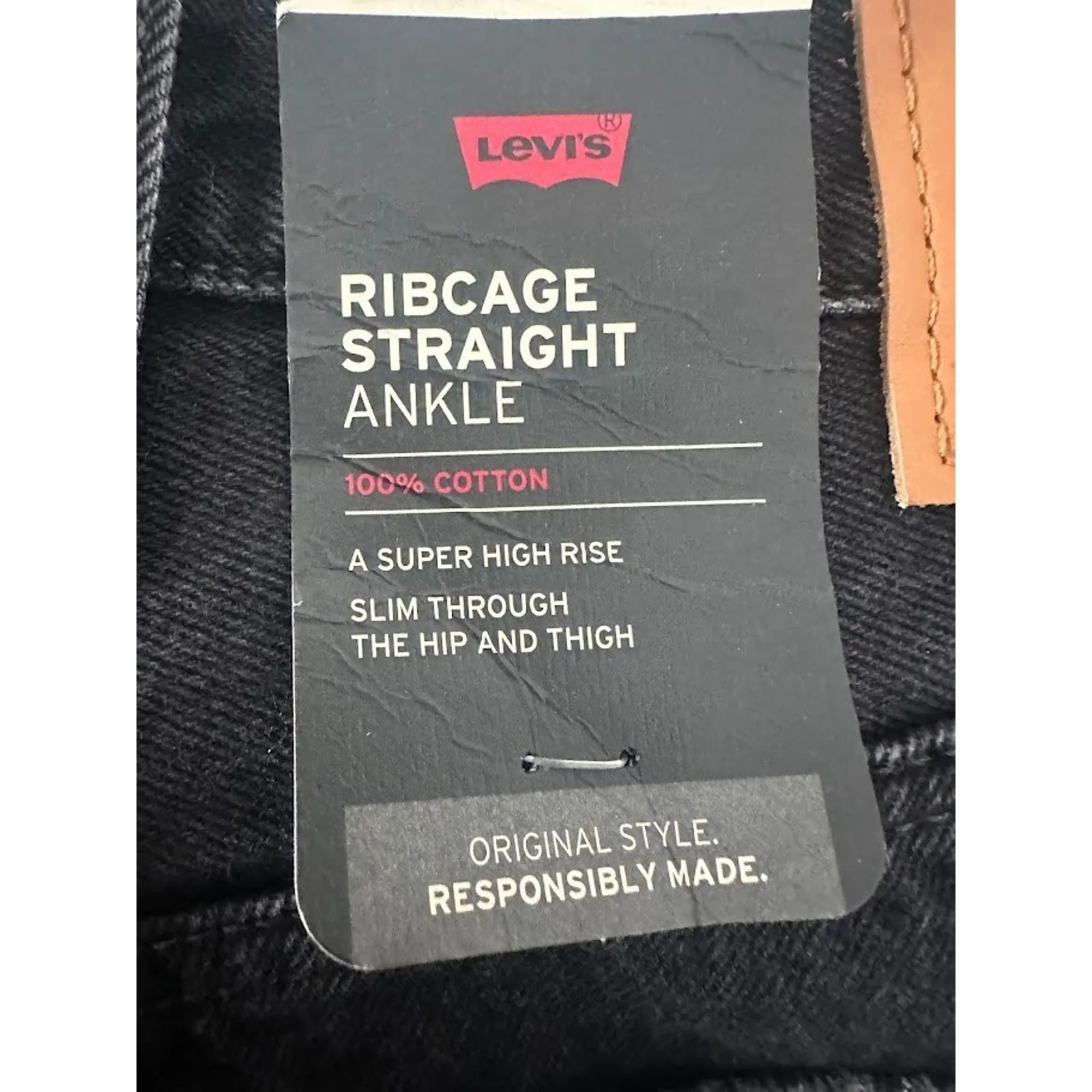 Levis Women Ribcage Straight Ankle Premium Jeans Button Fly Black Distress 27x27 - Image 3