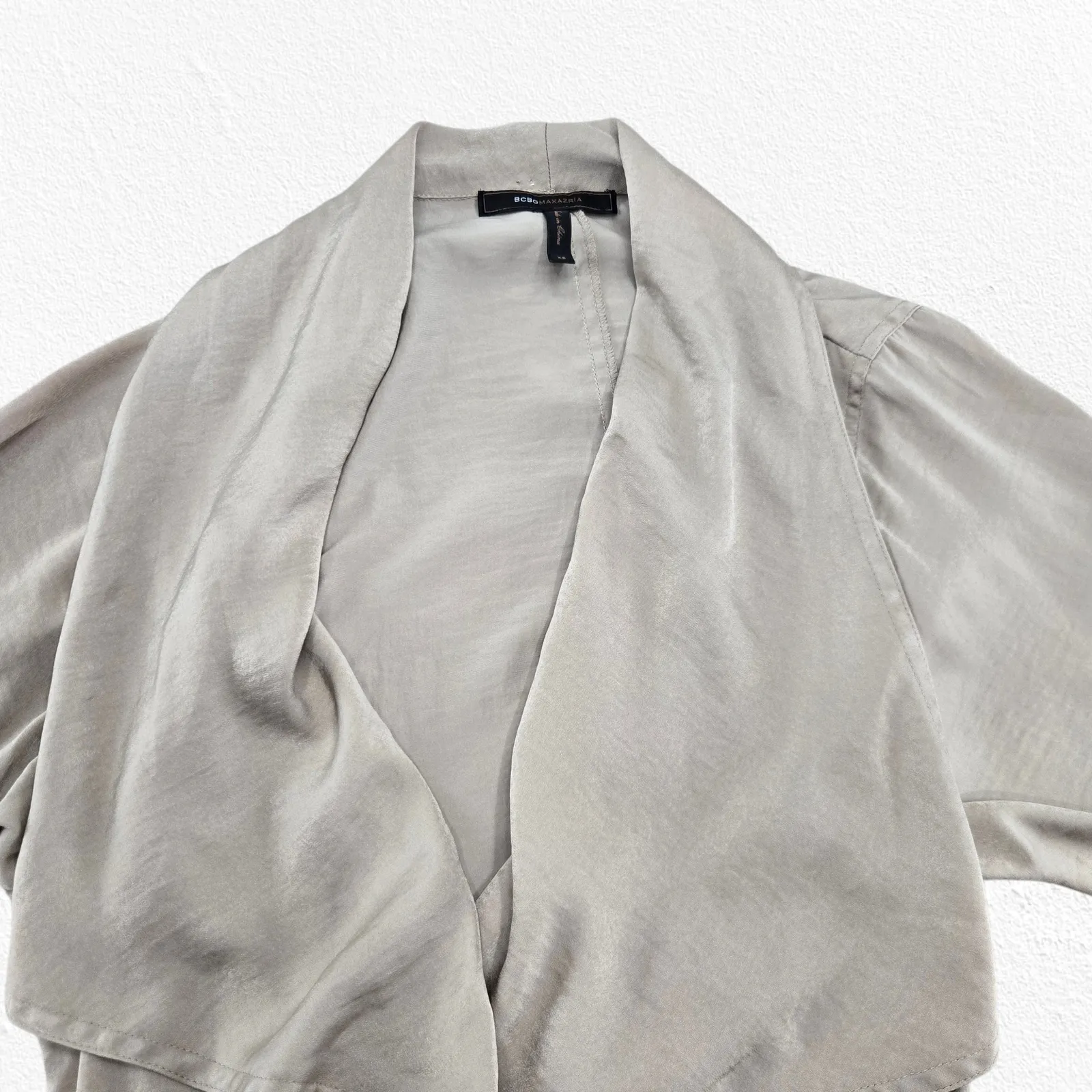 BCBGmaxazria Beige Faux Wrap Sateen Trench Dress Draped Neck Belted Size XS EUC - Image 5