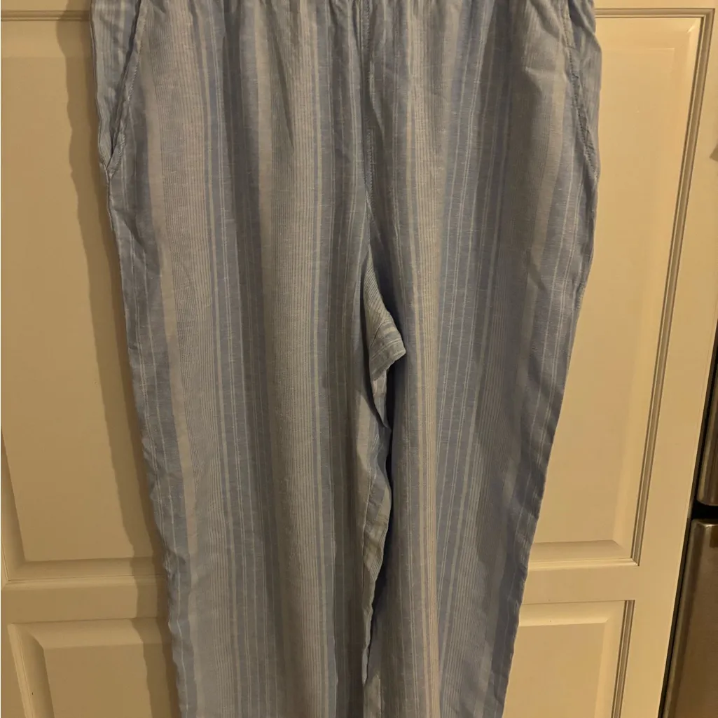 Tahari Linen‎ Blend Pants Size XL blue Cropped Length Relaxed Wide Leg Striped - Image 2