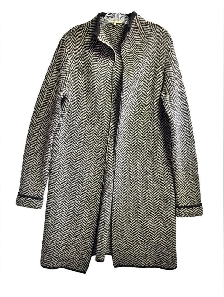 Cocogio Women's Knit Wool Blend Herringbone LongLine Open Front Cardigan L Black Size L - Image 1