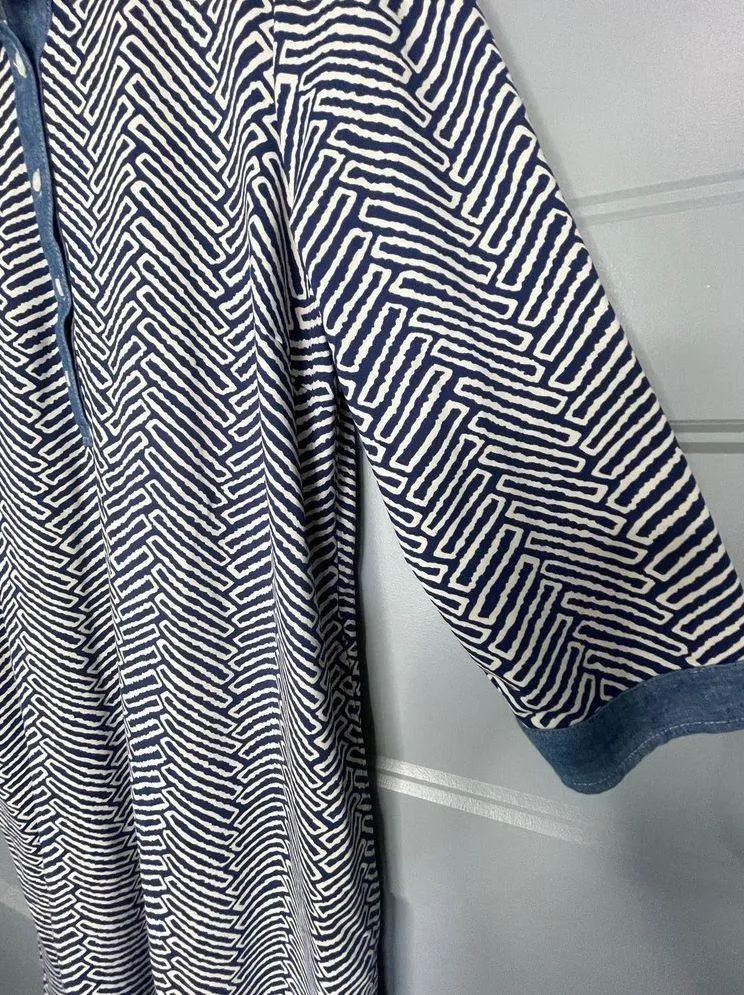 J McLaughlin Blue White Geometric Print Shift Dress Chambray Trim Size Large - Image 5