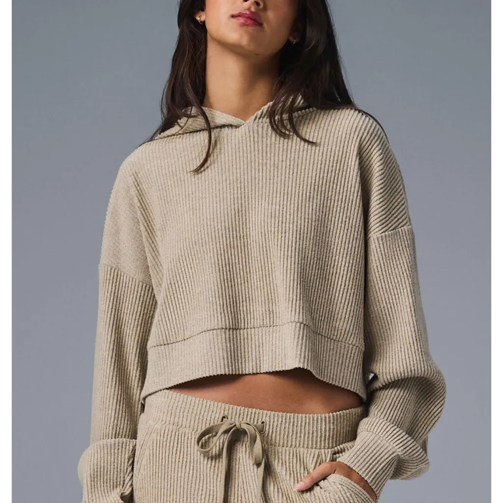 ALO Yoga Tan Ribbed Women's Hoodie Sweater and joggers - Image 5