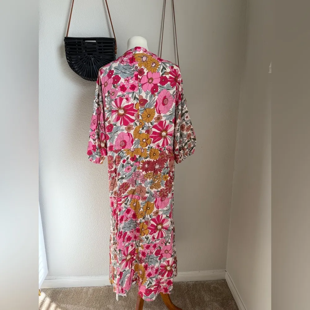 Entro Pink Floral Tie Waist Dress, Size Large - Image 3