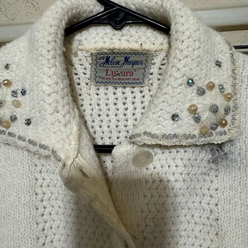 Vtg HELEN HARPER sweater luxura orlon MCM short sleeve beaded ivory 1960s M Size M - Image 5