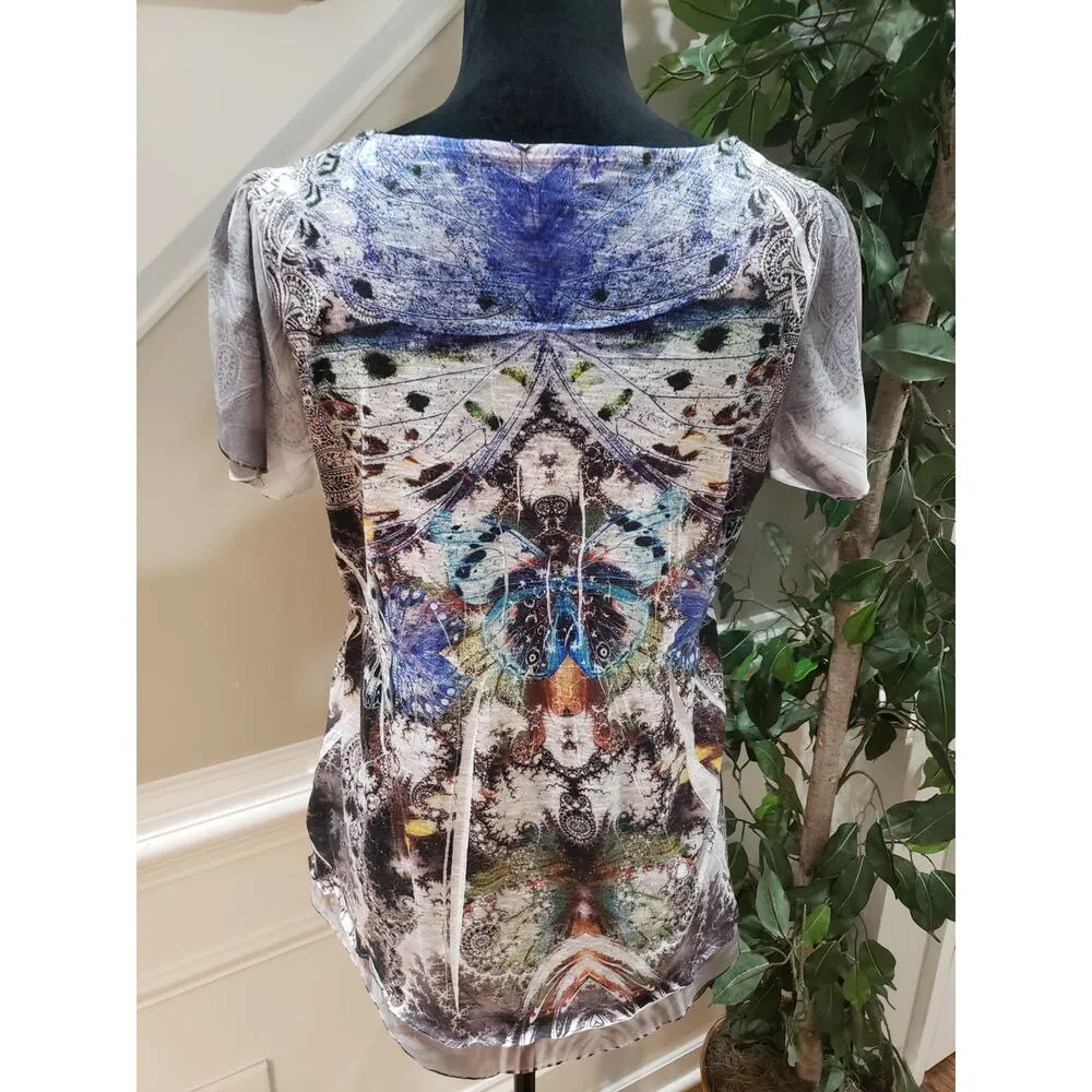 One World Live And Let Live Blouse Top Women Medium Multi Beaded Butterfly Print Gray - Image 4