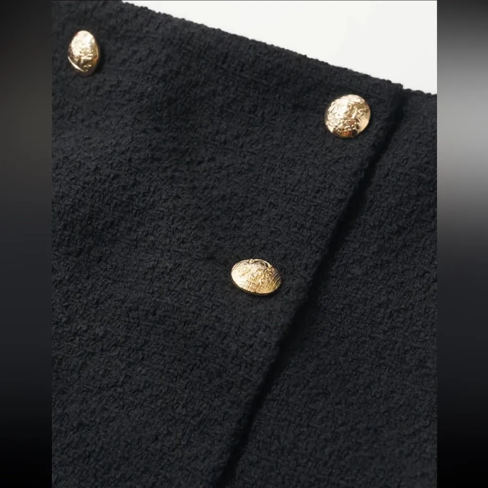 MANGO High Waist Tweed Mini Skirt Gold Buttons Black Size XL NEW - Image 8