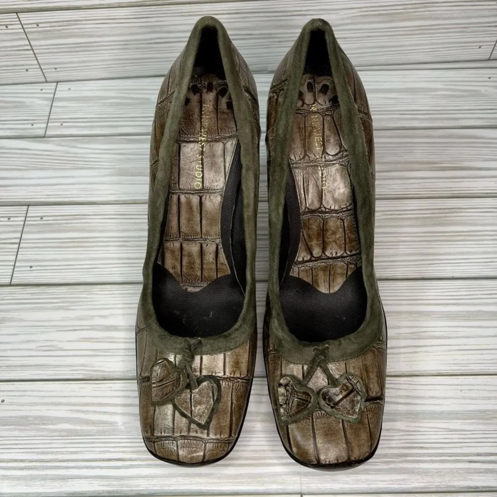 Vtg Nine West Womens 7.5 M Sherri Classic Block Heels Shoes Green Leather Croc - Image 8