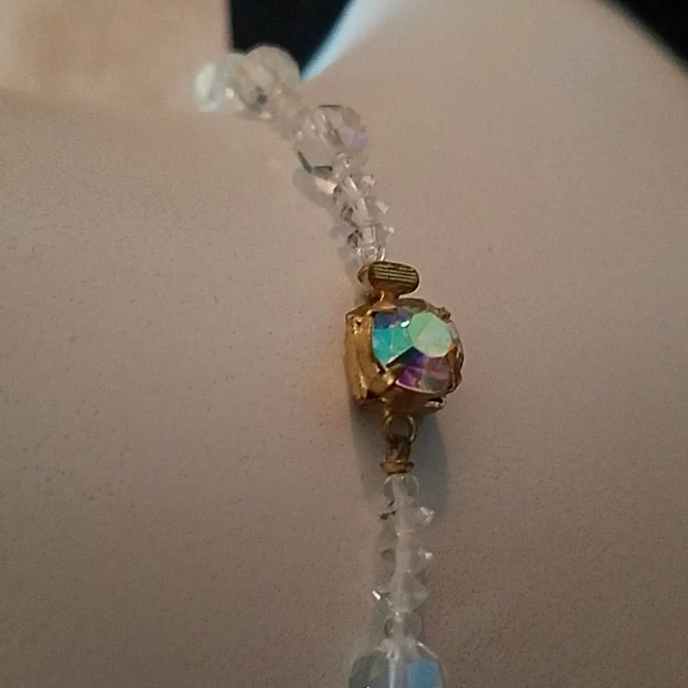 Vintage Long Beaded Aurora Borealis Crystal Necklace White - Image 3