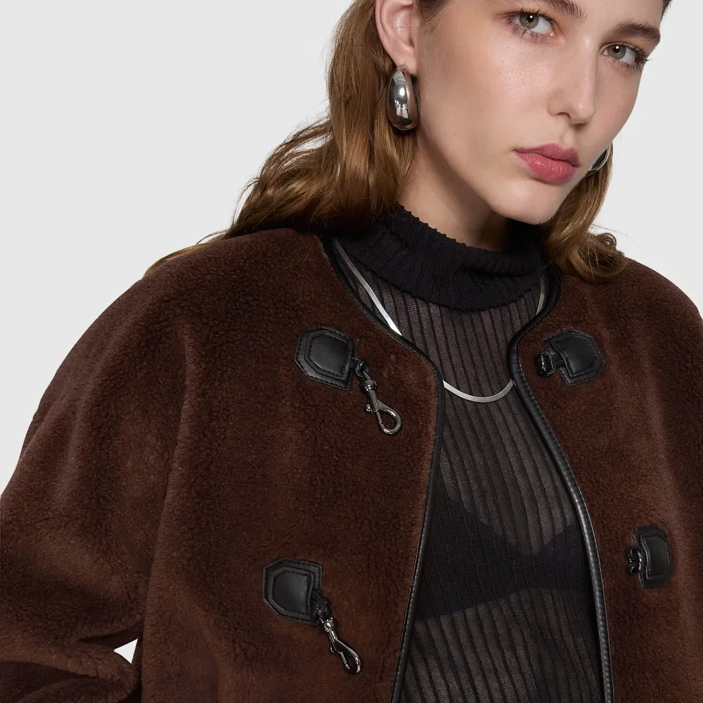 NWT $268 Rebecca Minkoff Shearling Toggle Jacket IN Color Chocolate Brown Medium - Image 3
