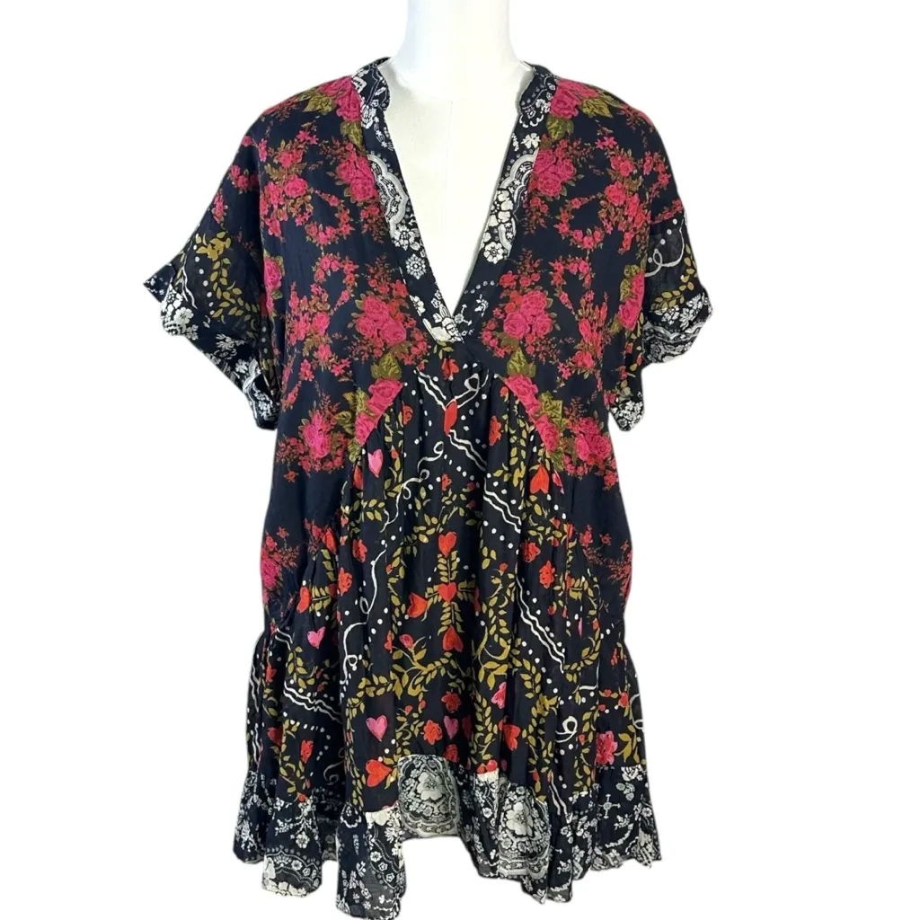 Free People Printed Agnes Tunic Dress Oversized XS Heart Floral Black Bohemian - Image 2