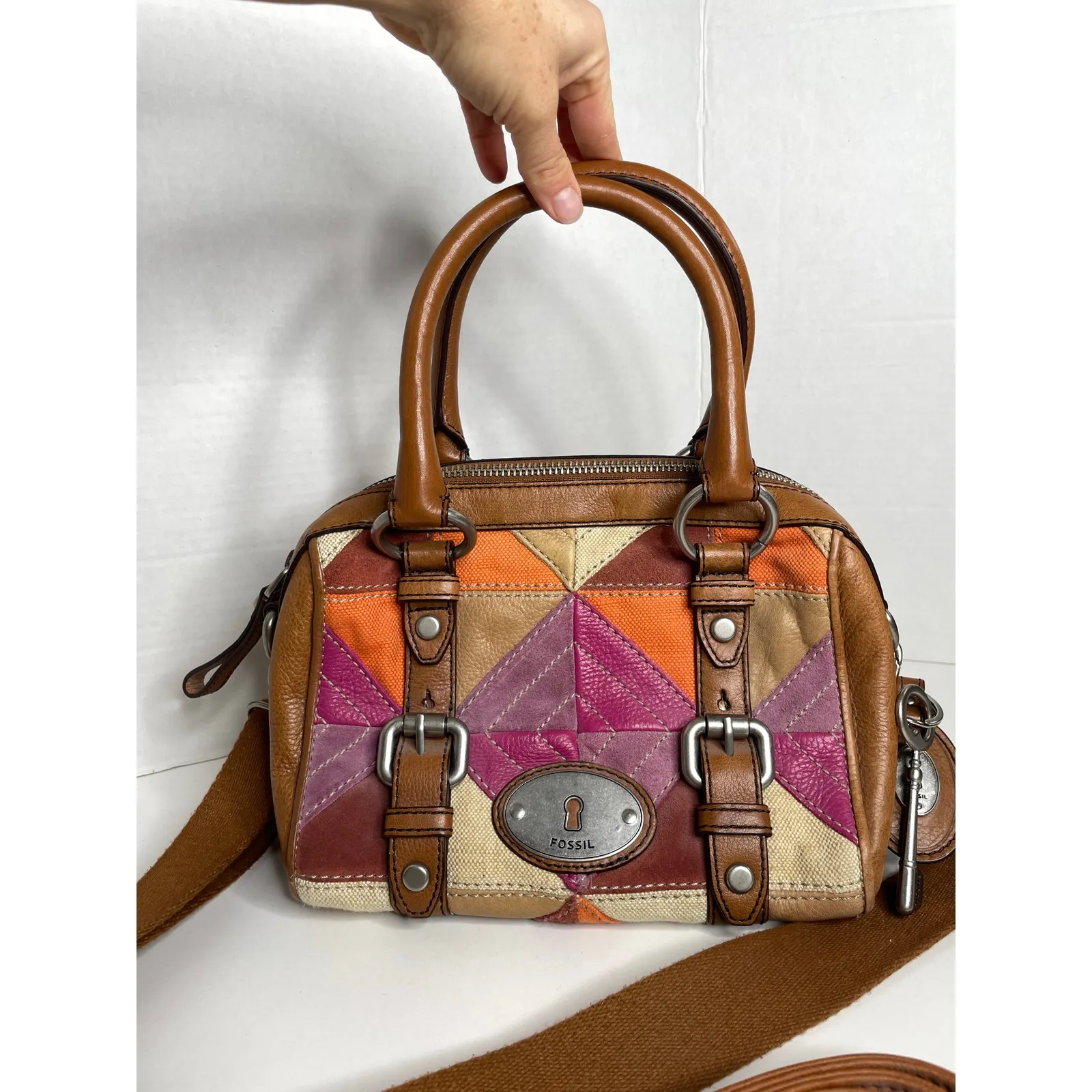 RARE FOSSIL LONG LIVE VINTAGE MADDOX PATCHWORK LEATHER SATCHEL HANDBAG PURSE - Image 3