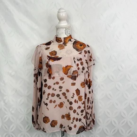 Chelsea28‎ Floral Long Sleeve Mock Neck Sheer Blouse Size M - Image 2