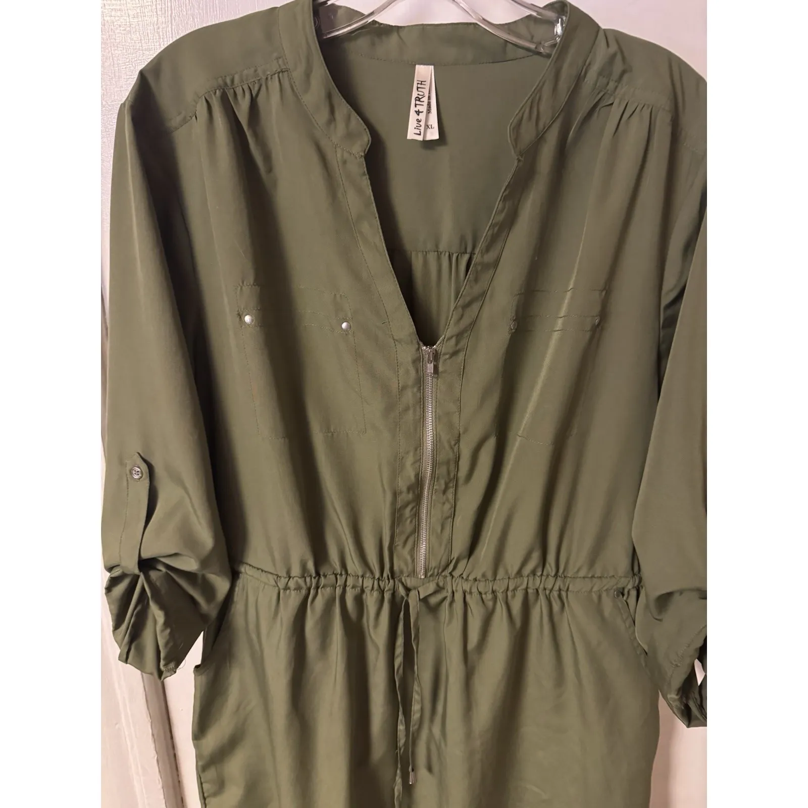 Live 4 Truth Women's Olive Green Size XL Rolled Sleeve Pull Tie Waist Mini Dress - Image 5