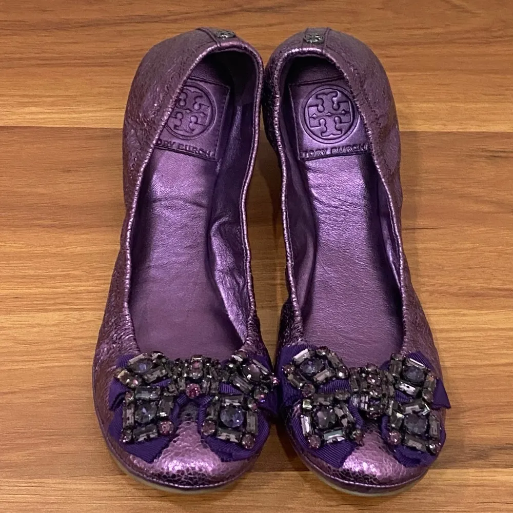 TORY BURCH Azalea Jeweled Bow Metallic Purple Ballerina Ballet Flats Size 8.5M - Image 2