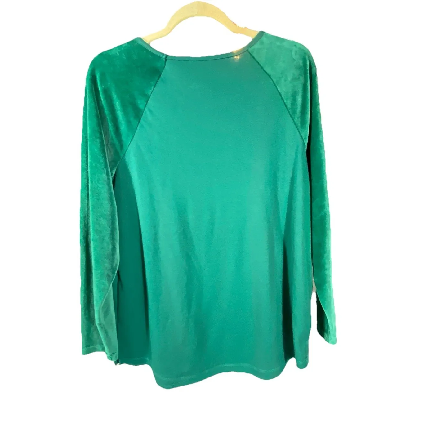 Quacker Factory Shirt Large Green Velour Sleeve Baseball Top QVC Comfy Stretchy - Image 3