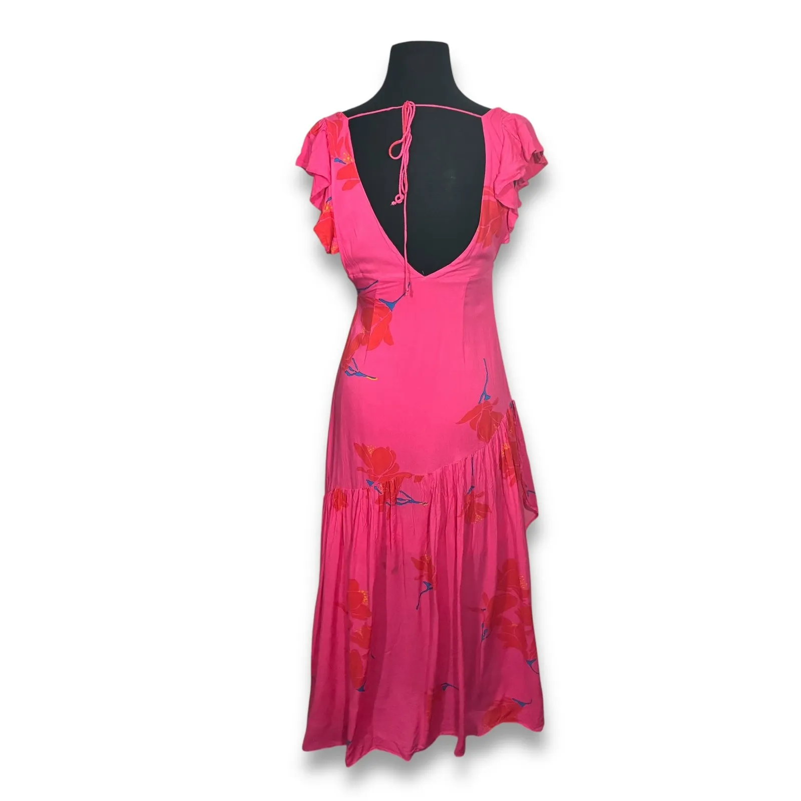 Free People Shes a Waterfall Dress Size 0 Hot Pink Floral Ruffle Sleeve‎ Midi - Image 2