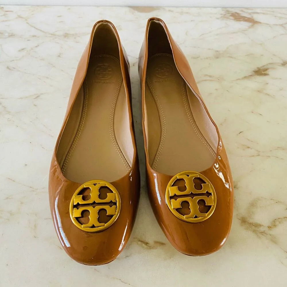 TORY BURCH Brown Patent Leather Ballerina Flats Gold Logo - US 7.5 - Image 2