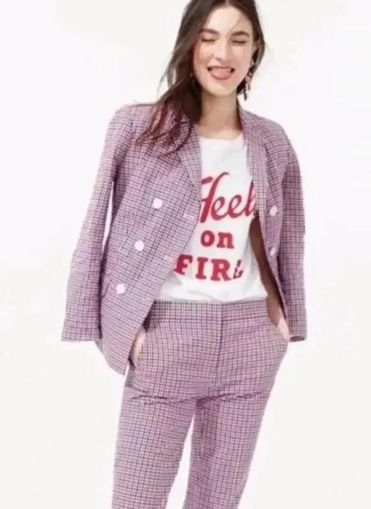 J. Crew Double Breasted Blazer Red White Blue Gingham Career Office Size 2 - Image 2