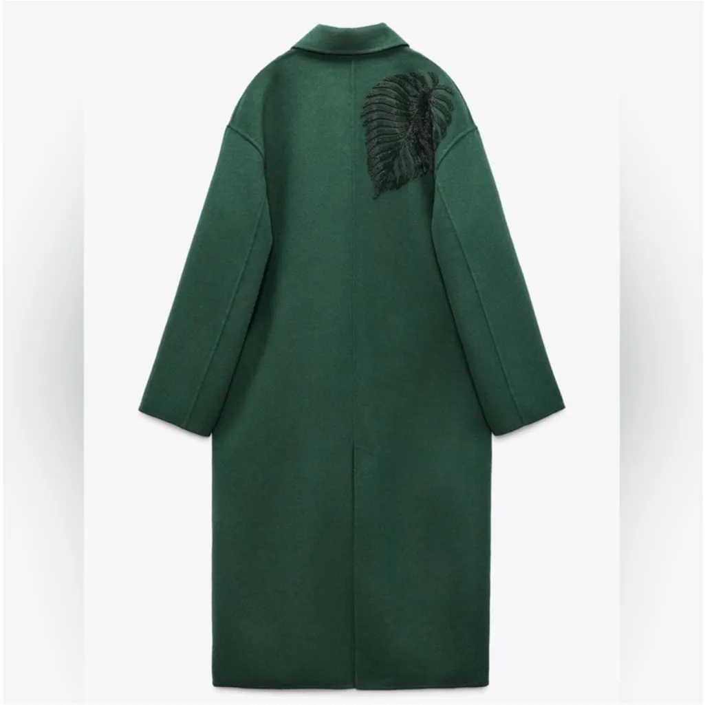 Zara Dark Green Beaded Leaf Long Oversized Wool Blend Pea Coat Size XS - M - Image 4