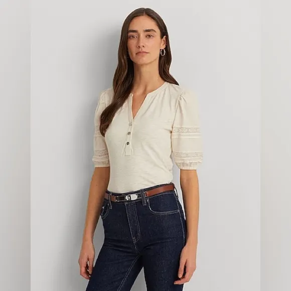 Lauren Ralph Lauren Lace-Trim Puff-Sleeved Henley Tee Cream size Medium - Image 2