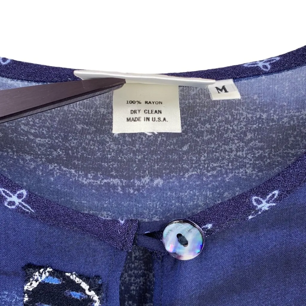 K.D. Spring Sheer Navy & White Batik Fish Print Jacket Artsy Rayon Crepe Size M Blue Size M - Image 4